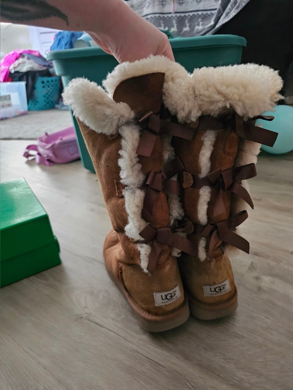 UGG Chestnut Brown Shearling-Trim Back-Bow Boots